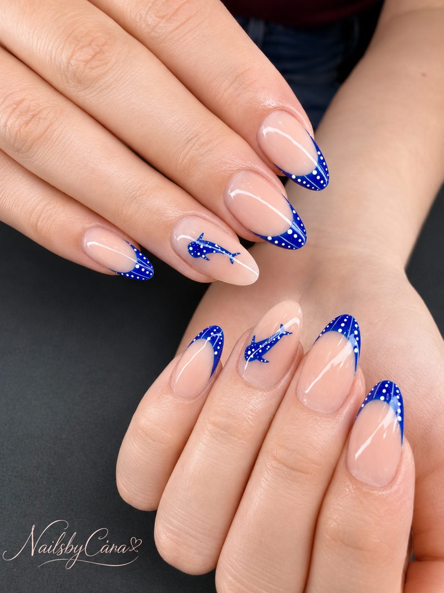 Almond nails with royal blue polka-dot French tips and tiny blue stars