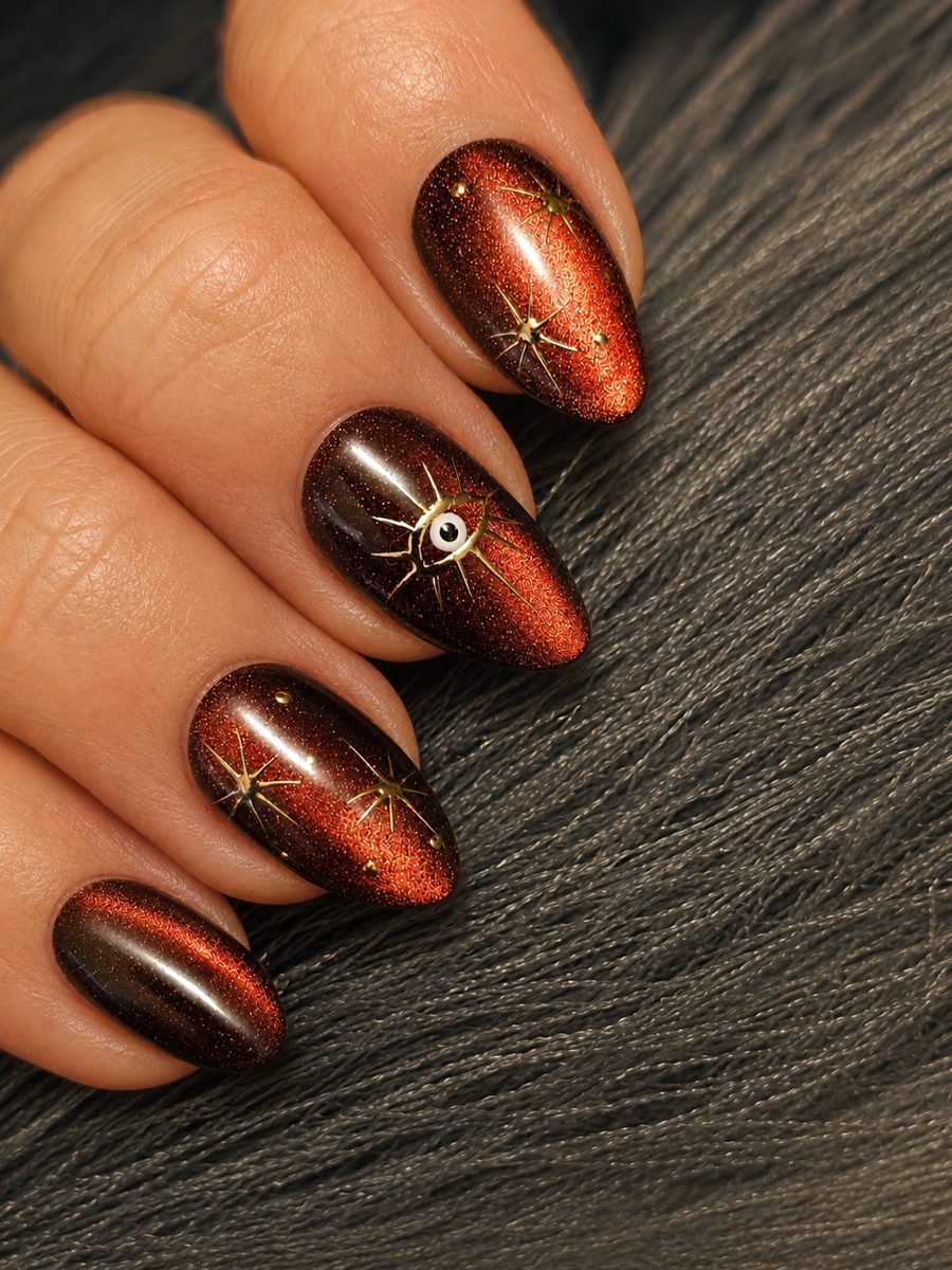 Almond nails in copper cat-eye with gold sunburst and star art