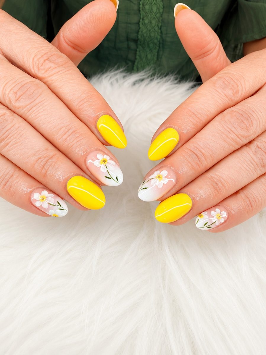 Short almond nails in sunny yellow with white daisy accents